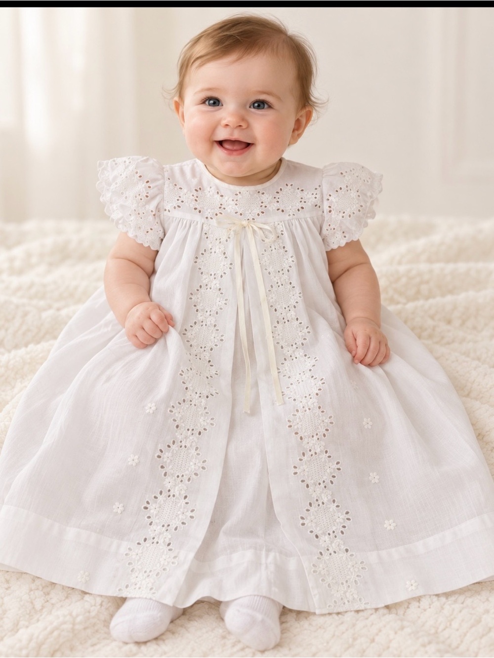 Vintage Alexis Baby Girl 6M White Eyelet Christening Baptism Gown Made USA